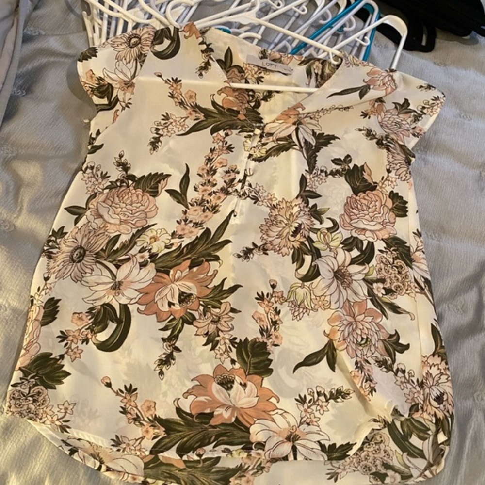 LOFT Floral Blouse in Cream and Green